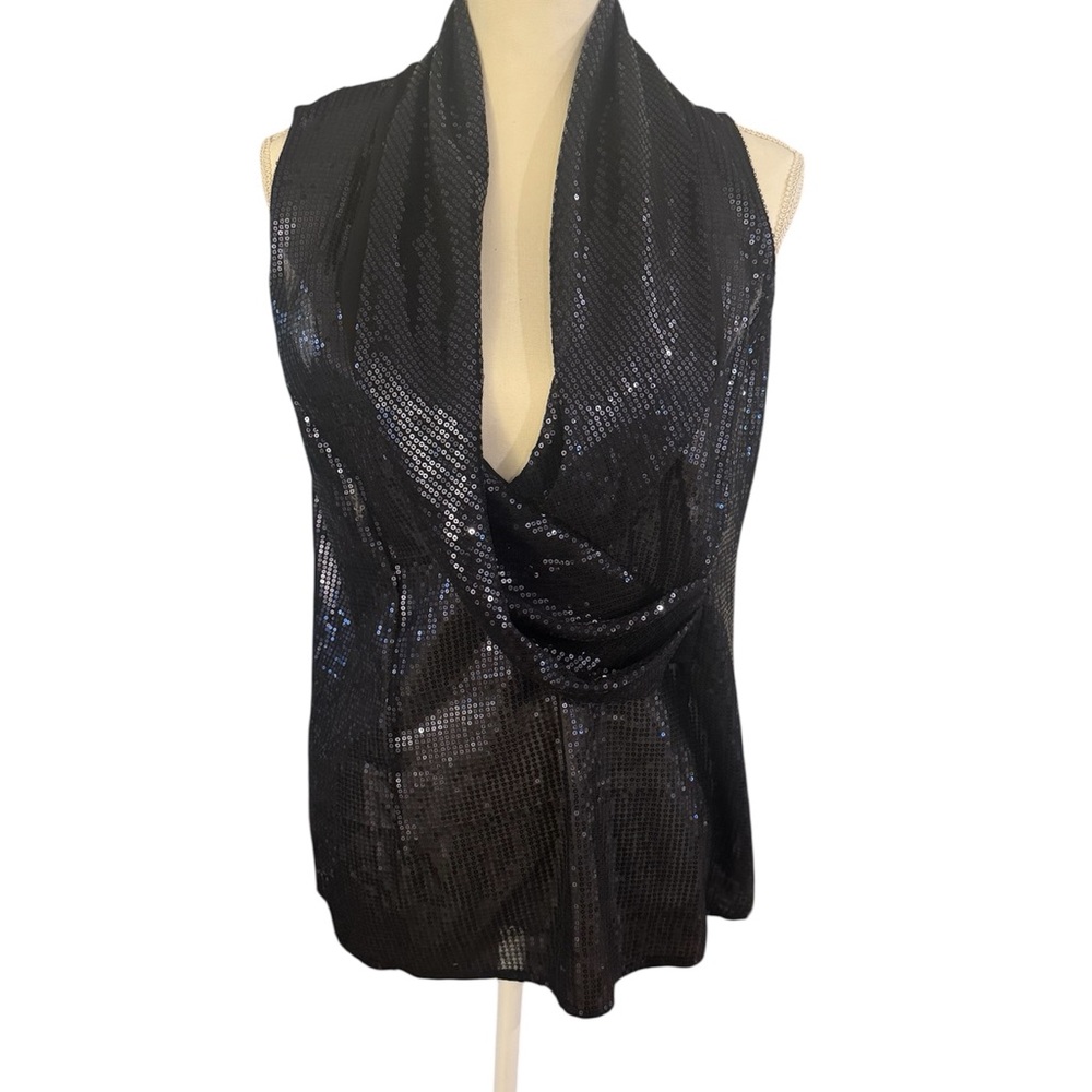 Ann Taylor Shimmering Blue Black Cowl Neck Blouse